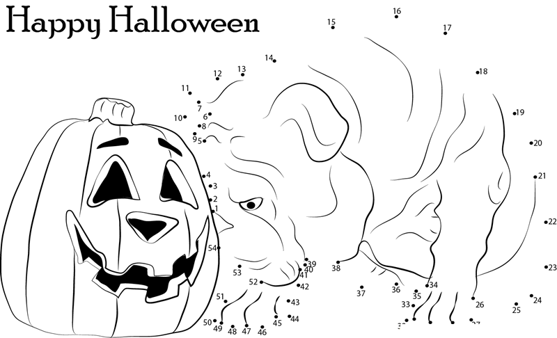 Bulldog And Pumpkin Halloween printable dot to dot worksheet