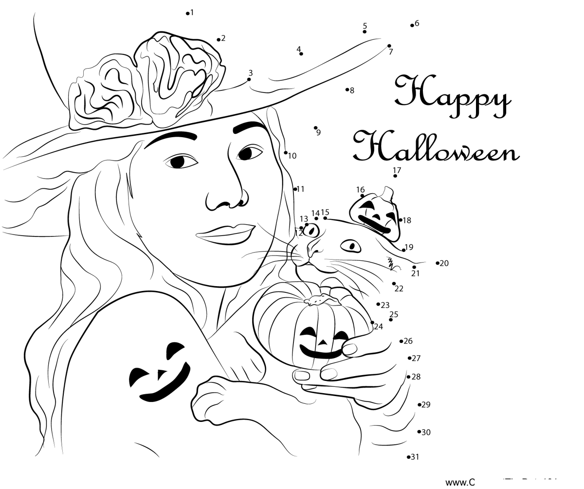 Girl-With-Cat-On-Halloween-Day printable dot to dot worksheet