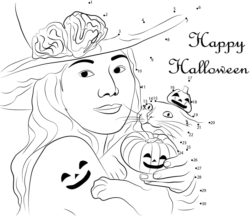 Girl With Cat On Halloween Day printable dot to dot worksheet