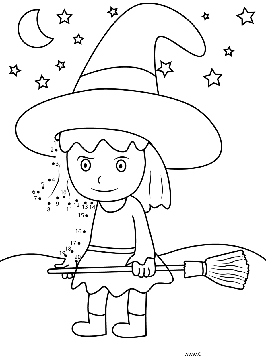 Witch-Girl-With-Broom dot to dot worksheets