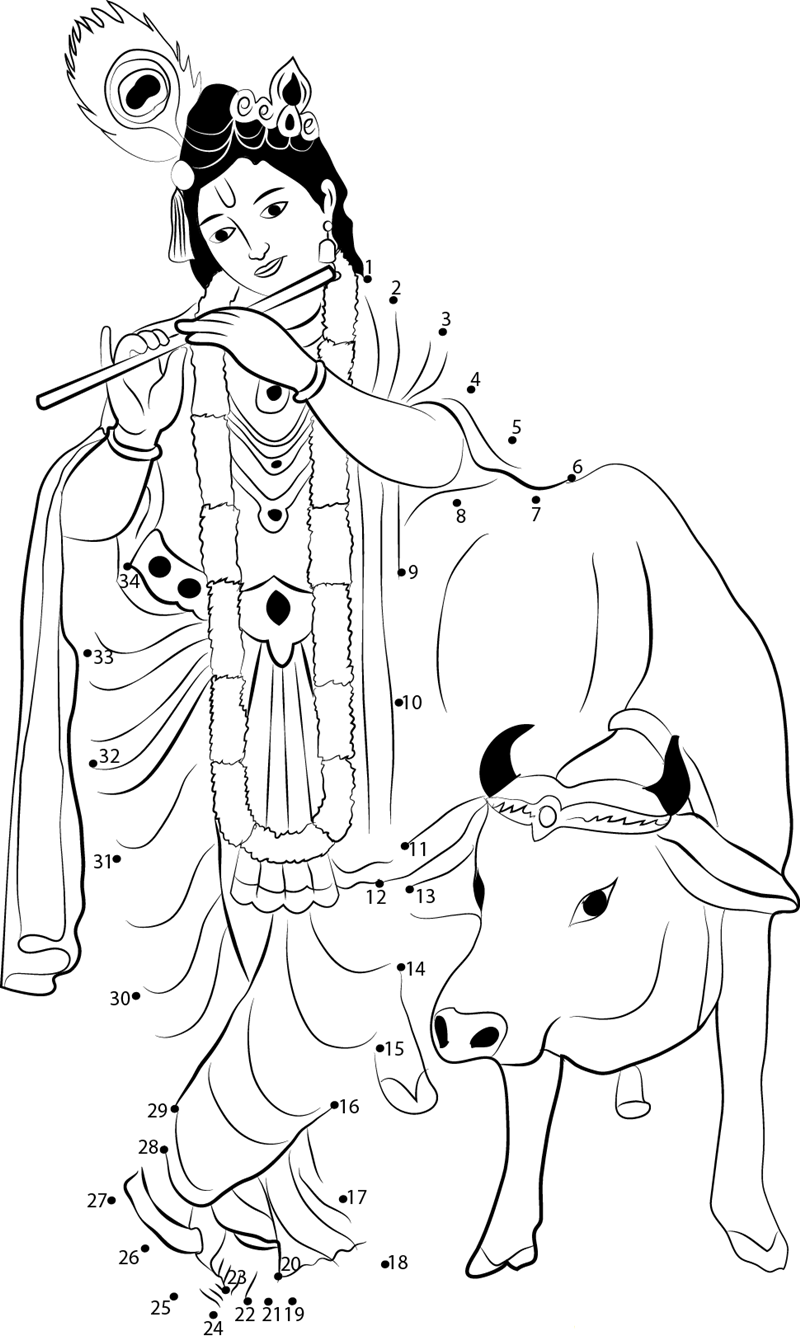 Krishna With Cow dot to dot worksheets