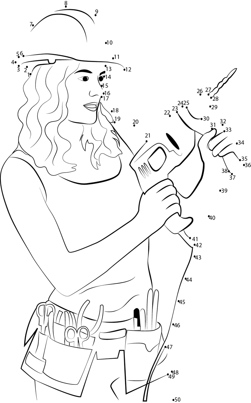 Girl Having Drill Machine printable dot to dot worksheet