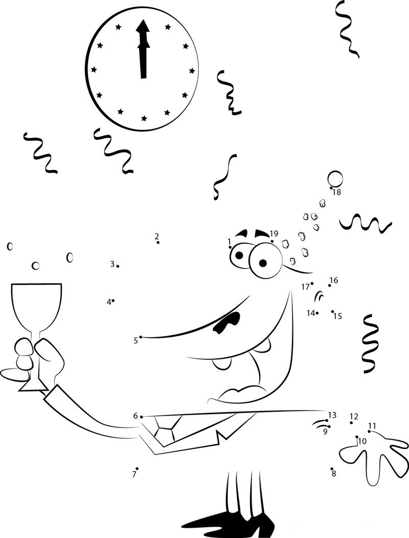 Cartoon Man Celebrating New Years dot to dot worksheets