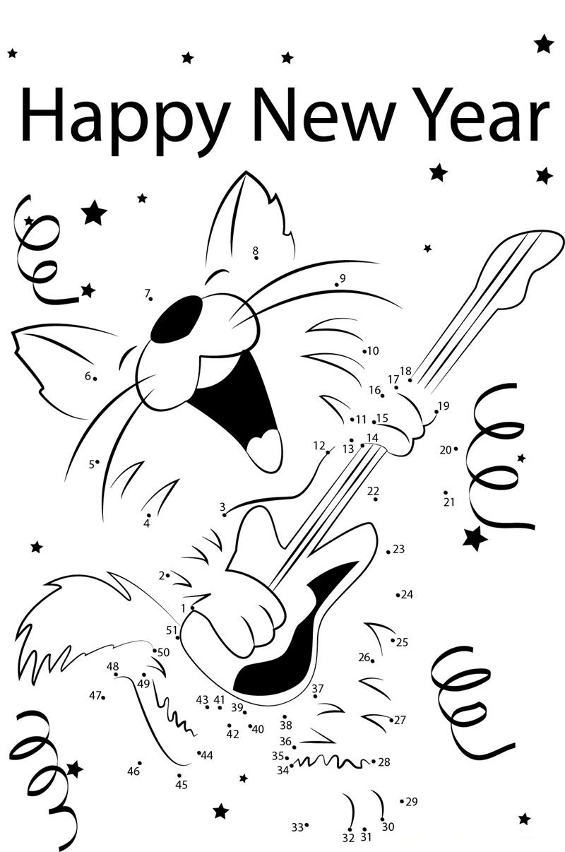 Cat Playing Guitar On New Year printable dot to dot worksheet