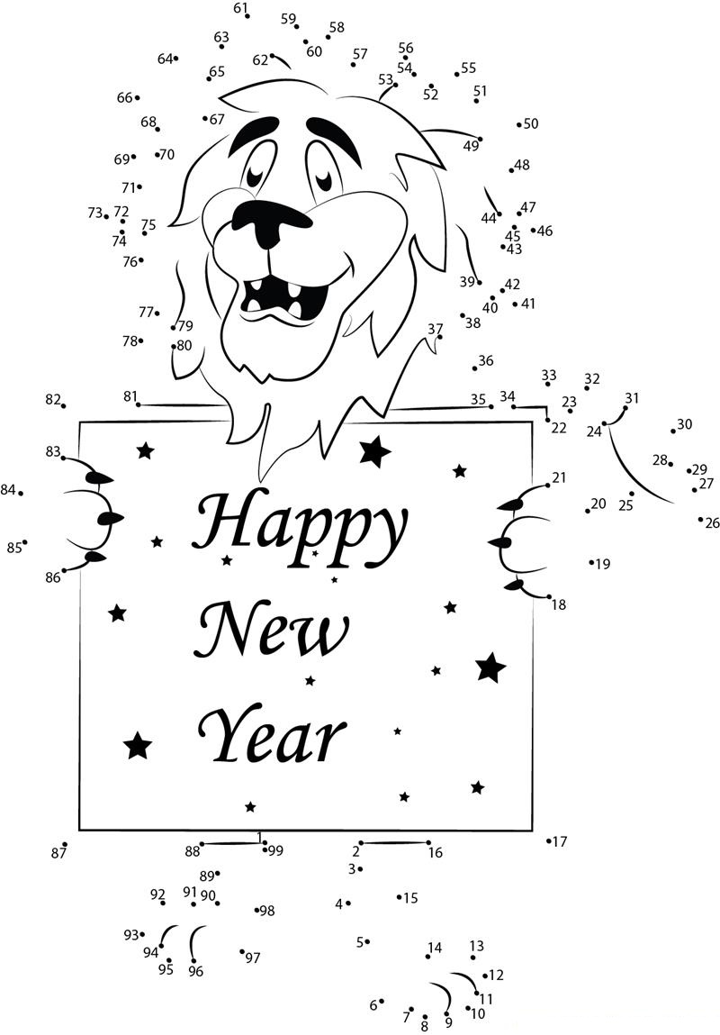 Happy New Year Lion printable dot to dot worksheet