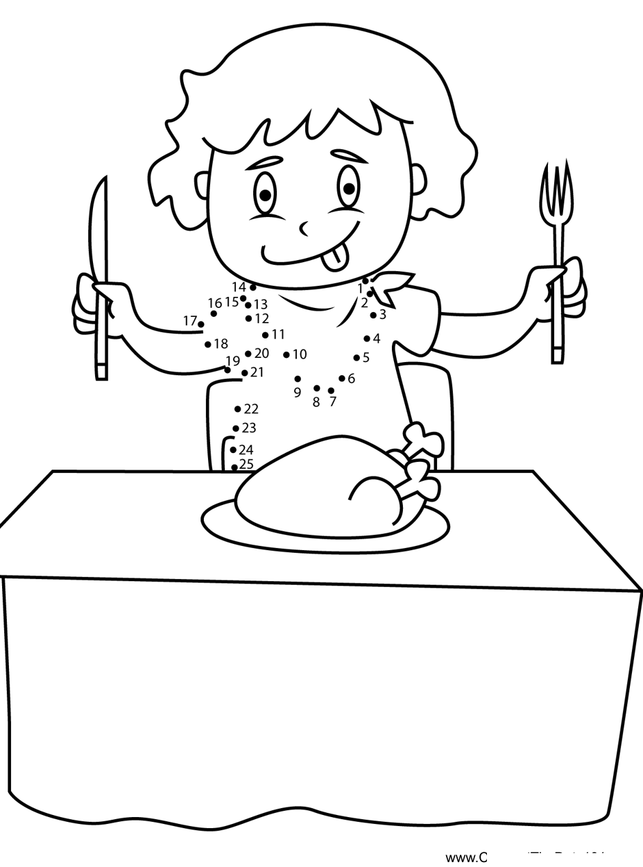 Boy-Eating-Chicken-On-Thanksgiving printable dot to dot worksheet