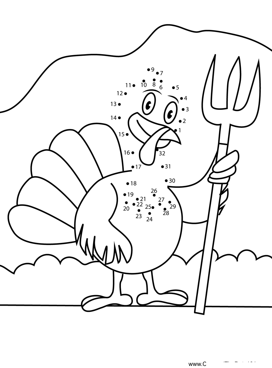 Turkey-Holding-Pitchfork printable dot to dot worksheet