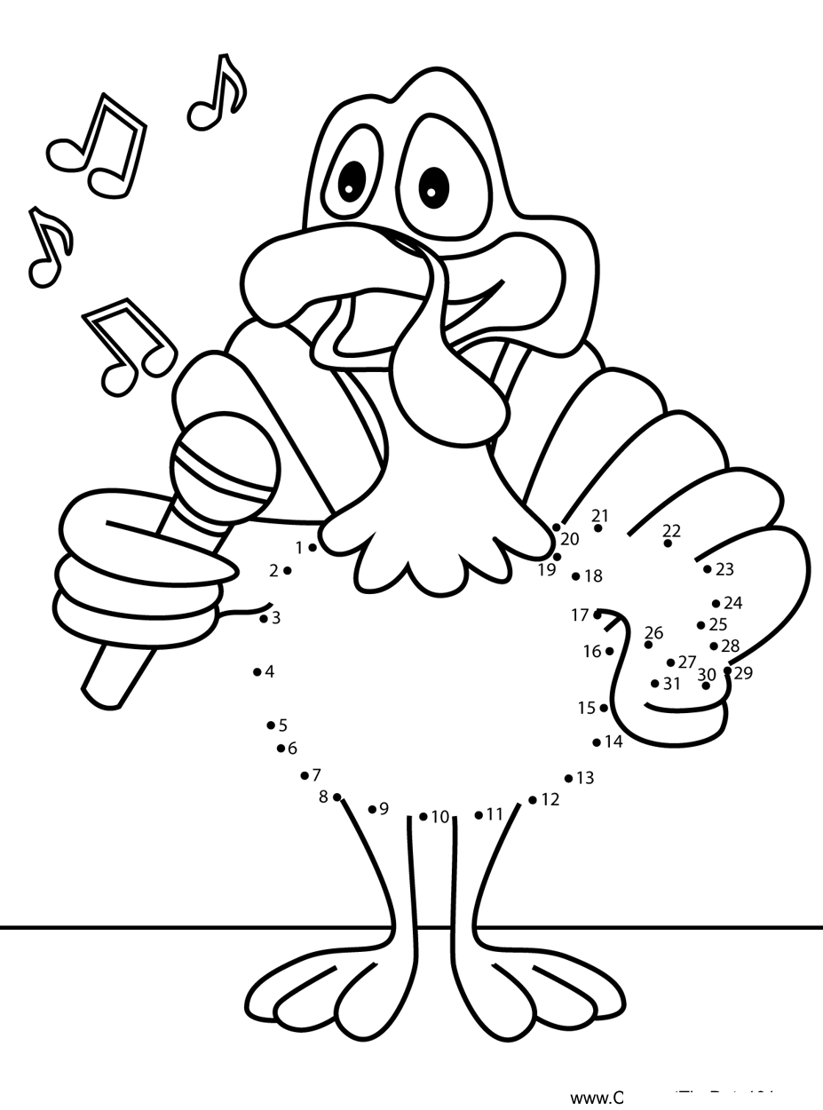 Turkey-Singing printable dot to dot worksheet