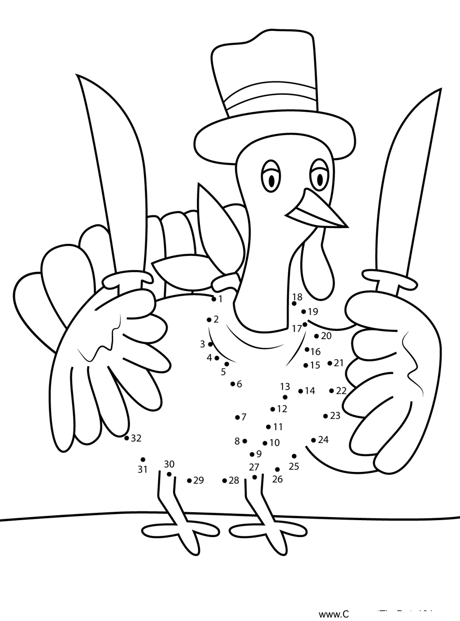 Turkey-With-Knife printable dot to dot worksheet