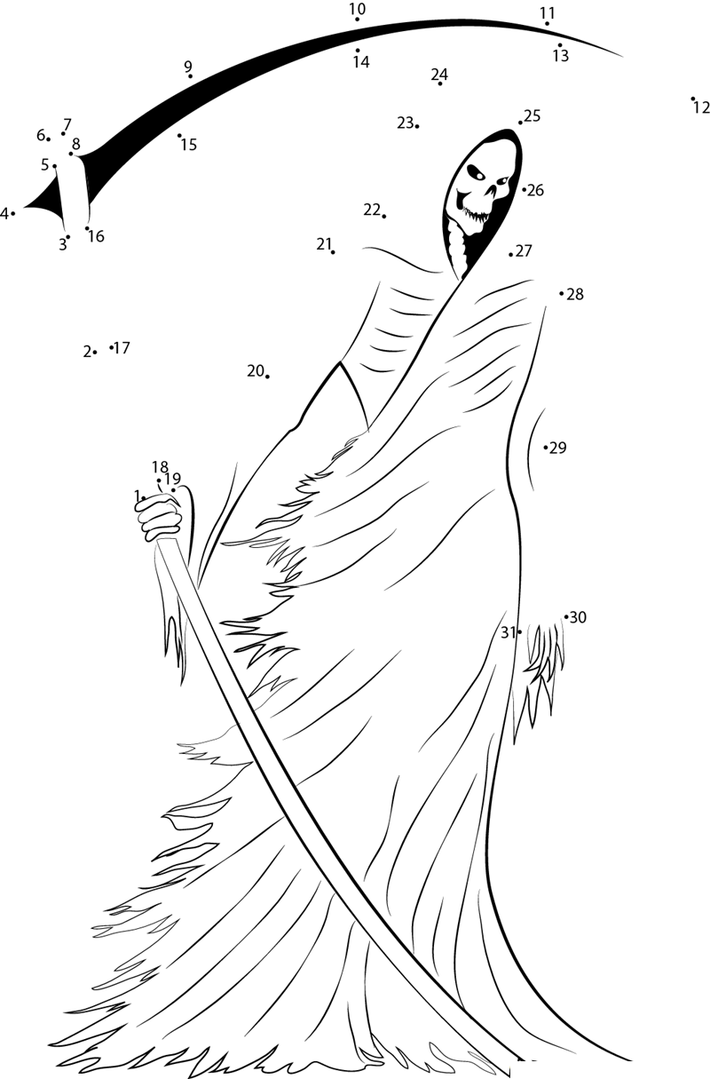 Female Grim Reaper printable dot to dot worksheet