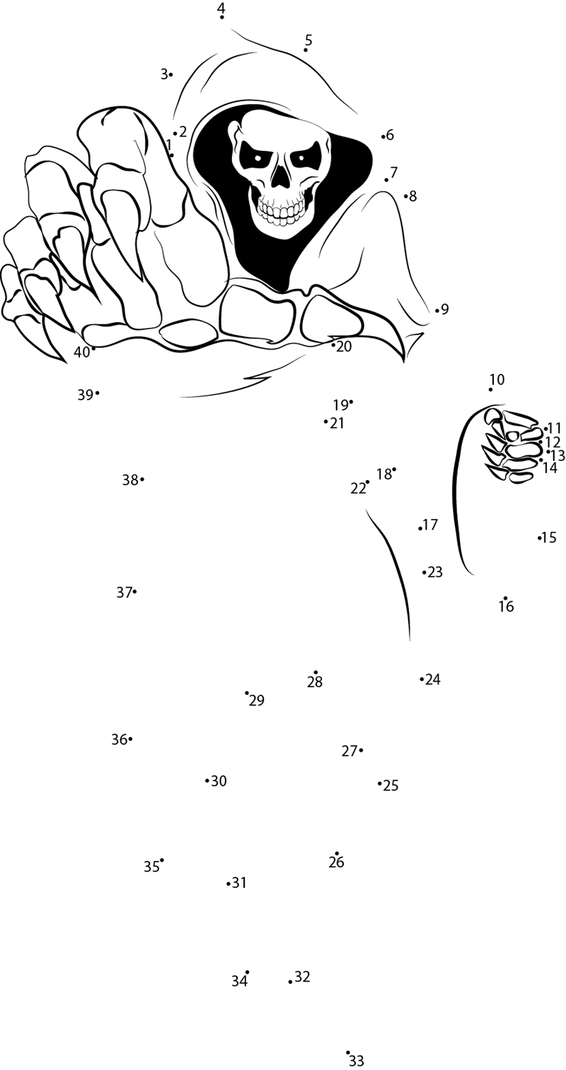 Grim Reaper Skull printable dot to dot worksheet