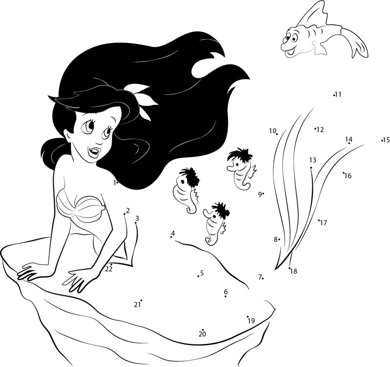 Ariel Friends The Little Mermaid printable dot to dot worksheet