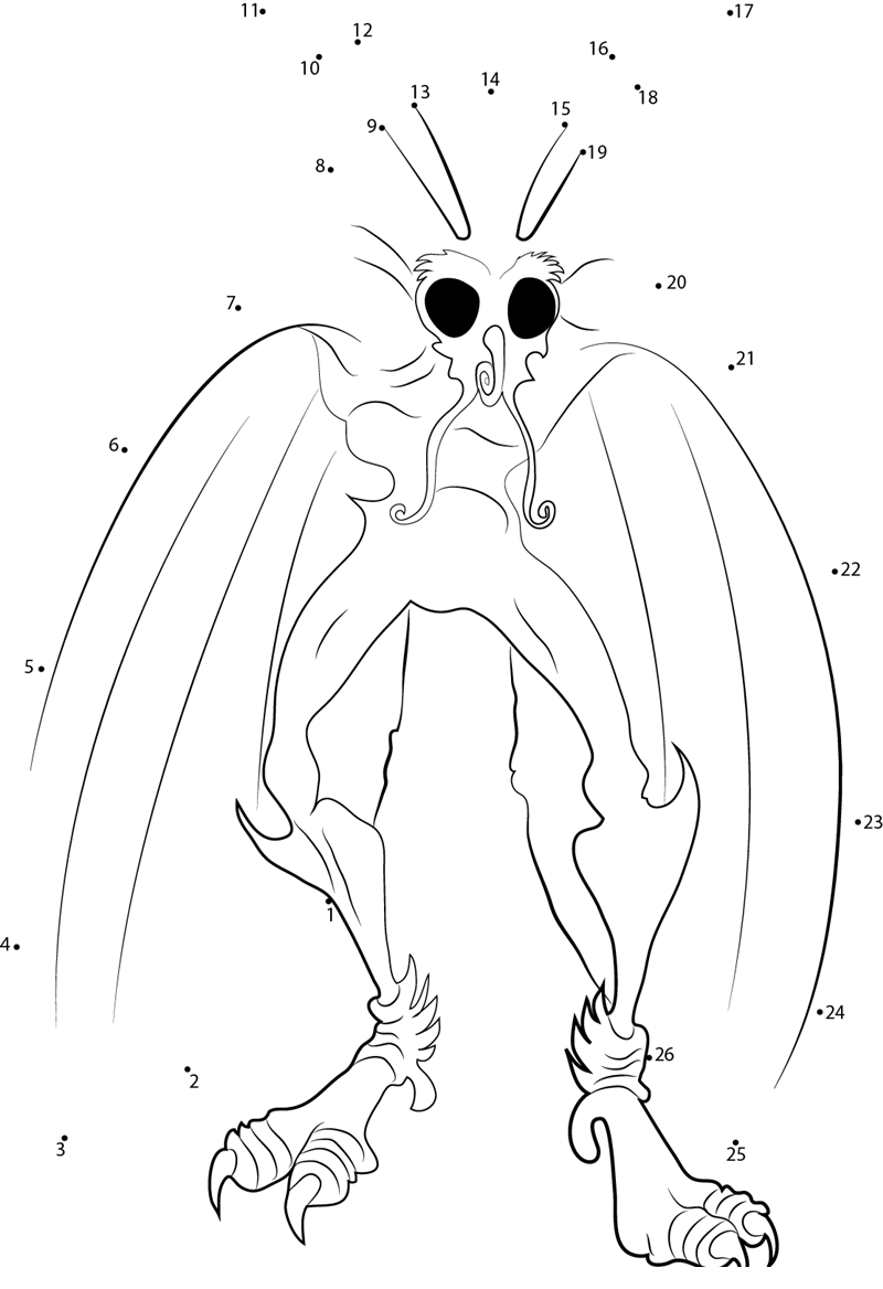 Mothman Encounter printable dot to dot worksheet