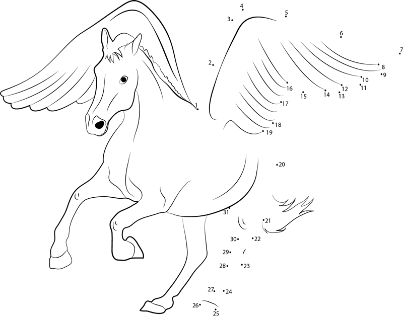 Beautiful White Pegasus printable dot to dot worksheet