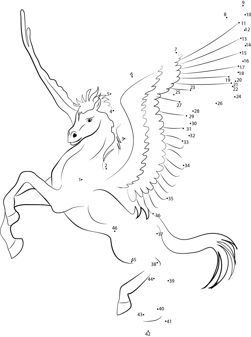 Black Pegasus Horse printable dot to dot worksheet