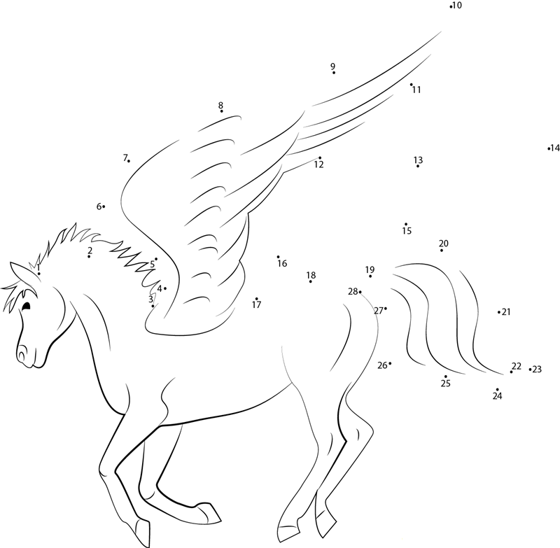 Flying Unicorn Pegasus printable dot to dot worksheet