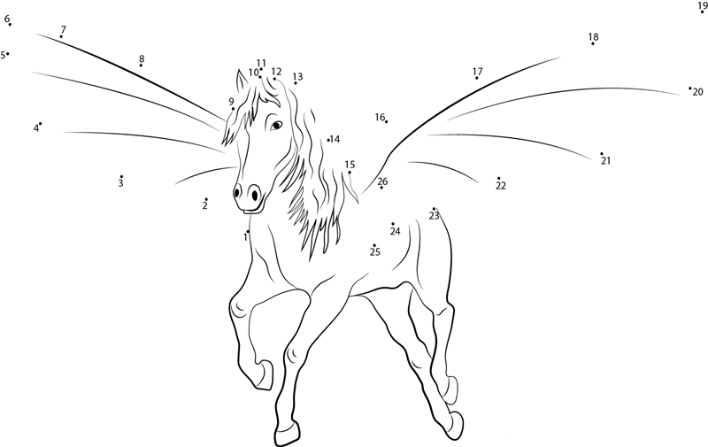 Pegasus Golden Wings Black printable dot to dot worksheet