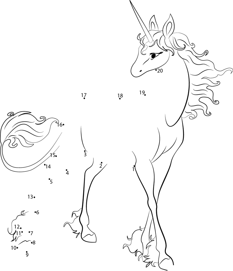 Unicorn Look Back printable dot to dot worksheet