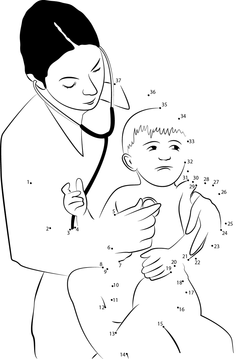 Lady Doctor Checking Baby printable dot to dot worksheet