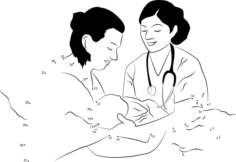 Lady Doctor With New Born Baby printable dot to dot worksheet