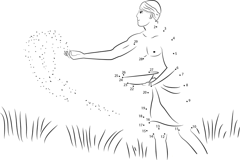 Farmer Throwing Seeds printable dot to dot worksheet