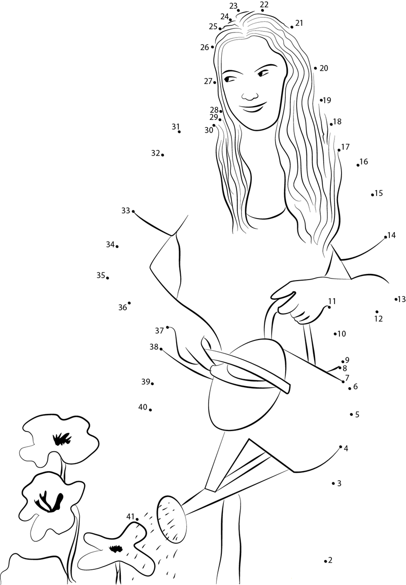 Girl Giving Water To Flowers printable dot to dot worksheet