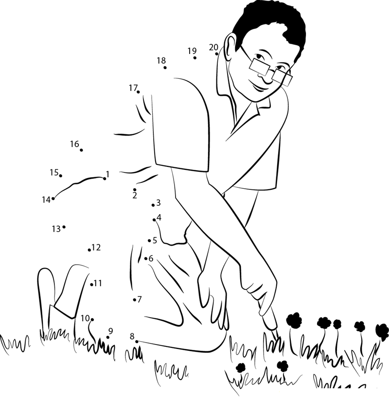 Man Gardening printable dot to dot worksheet