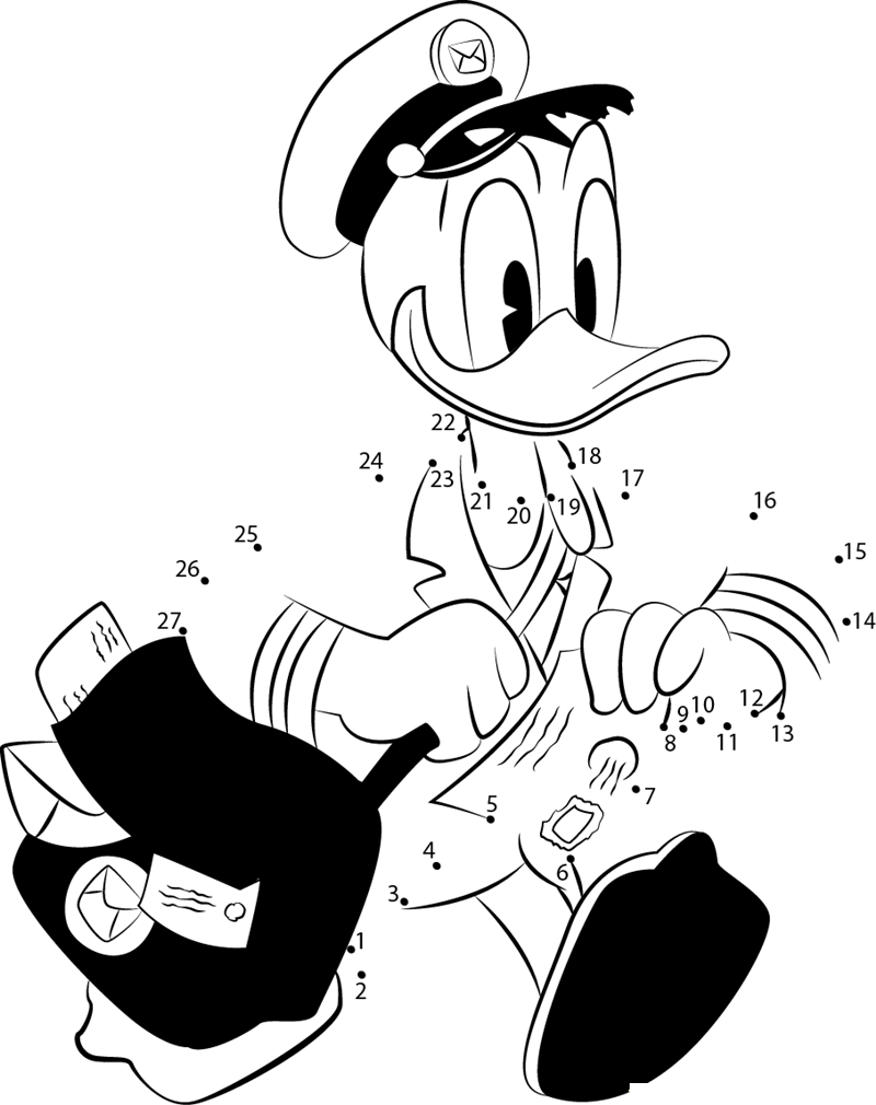 Donald Duck Postman printable dot to dot worksheet