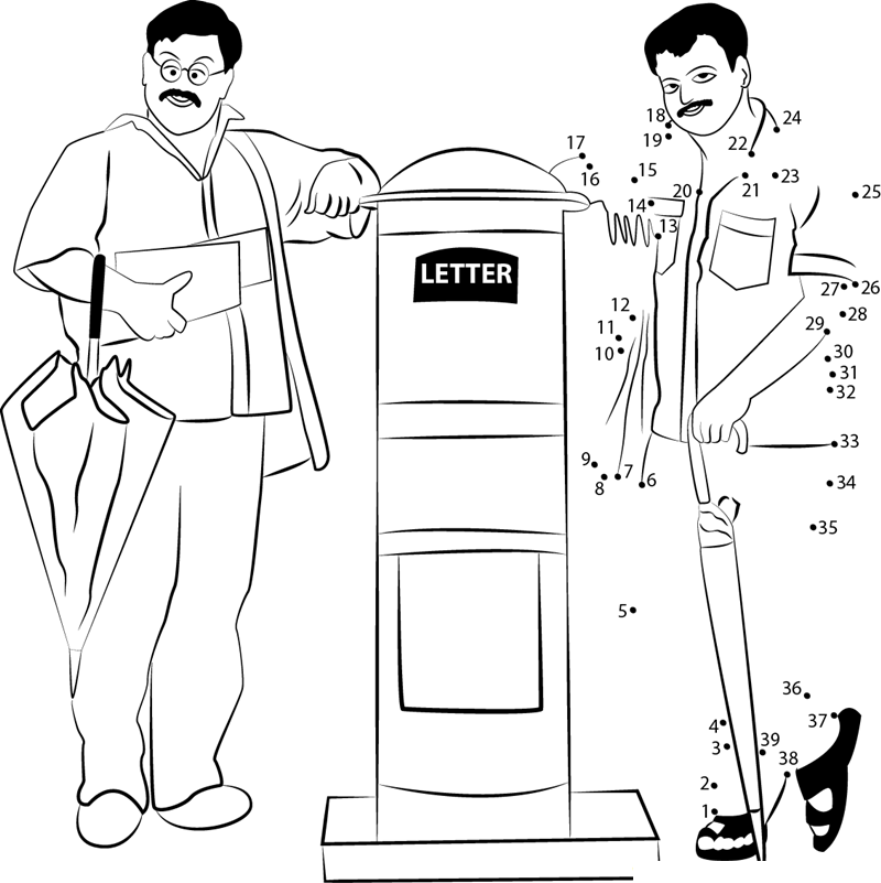 Postmen By Mailbox printable dot to dot worksheet