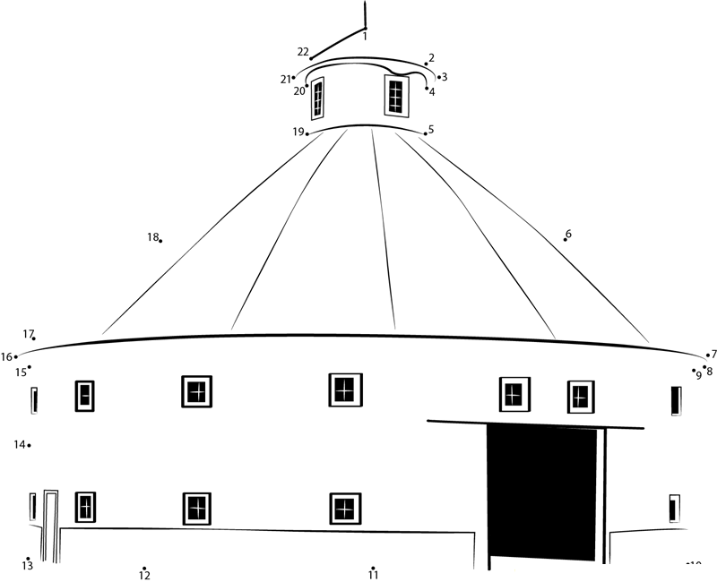 Round Barn House printable dot to dot worksheet