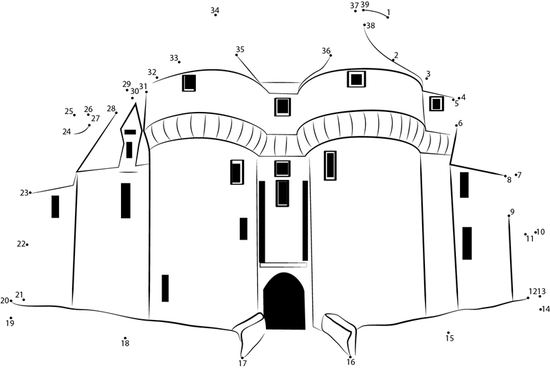 Moschnye Steny Castle printable dot to dot worksheet