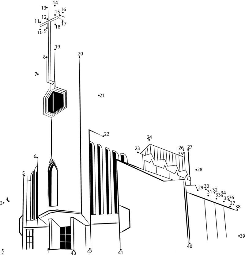 Warszawa Wawrzyszew Church printable dot to dot worksheet