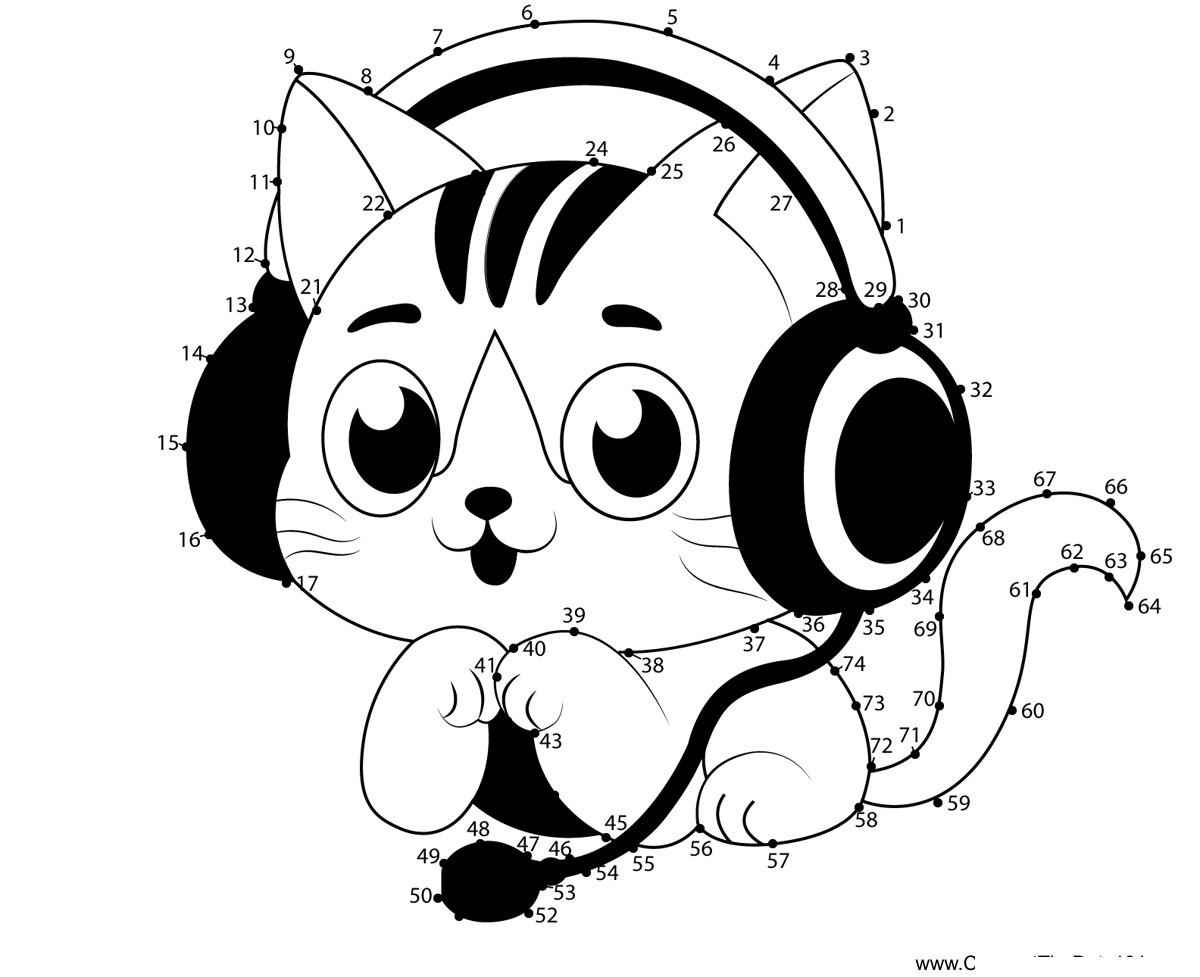 Cat-Listening-Music-With-Headphone dot to dot worksheets