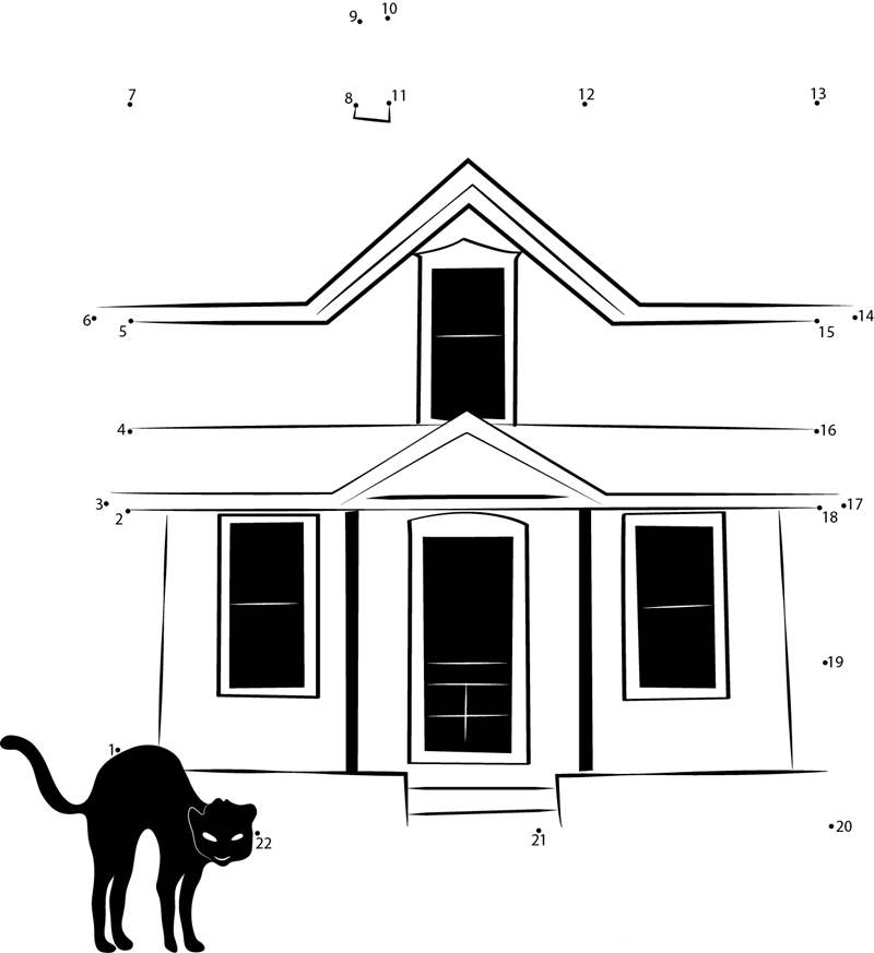 Cat In Haunted House printable dot to dot worksheet