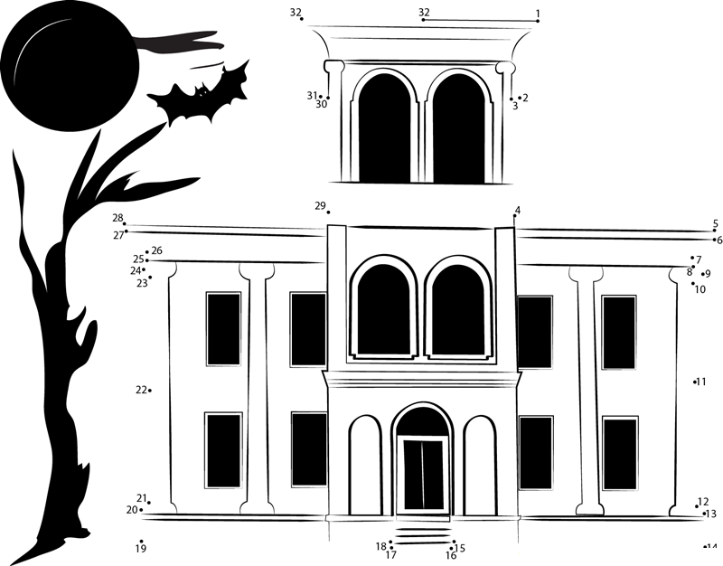 Drish Haunted House printable dot to dot worksheet