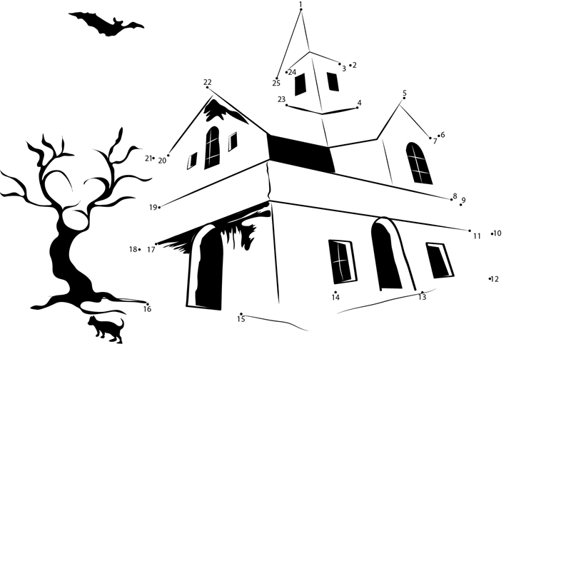 Halloween Night Haunted House dot to dot worksheets