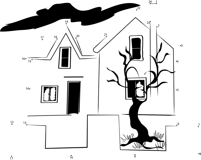 Witch Haunted House dot to dot worksheets