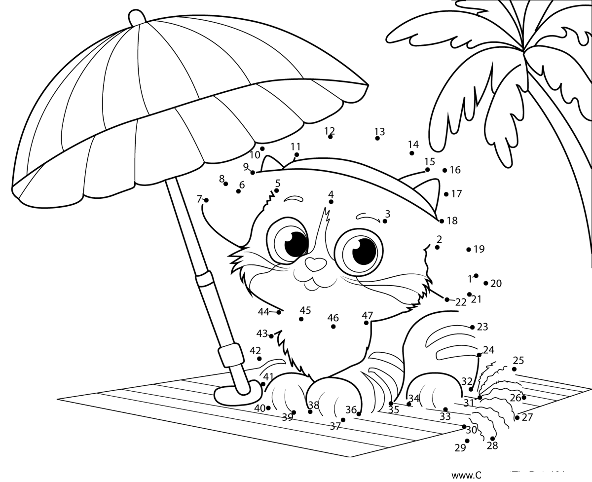 Cat-Siting-Beach-Umbrella dot to dot worksheets