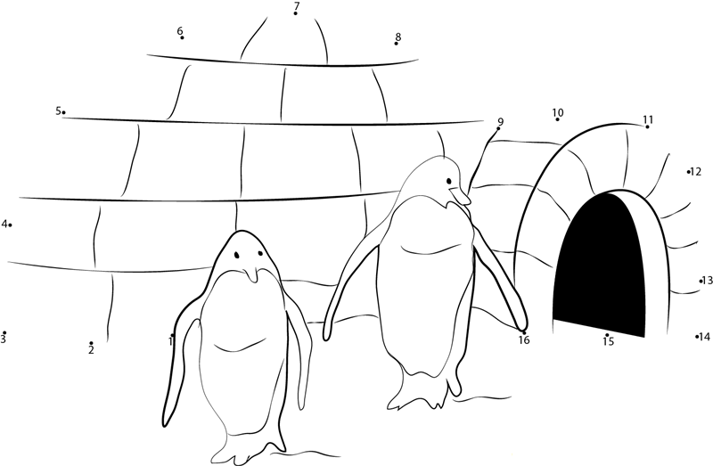 Penguins Home Igloo printable dot to dot worksheet