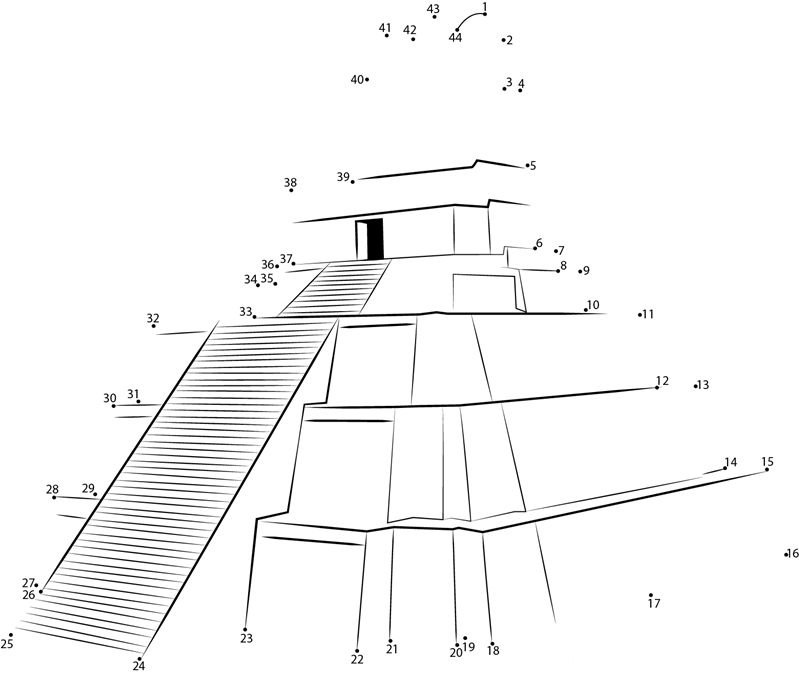 Tikal Pyramid printable dot to dot worksheet