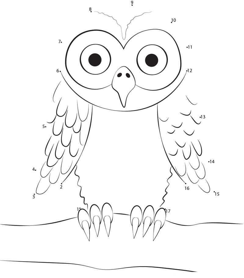 Owl Sitting On Tree Branch dot to dot worksheets