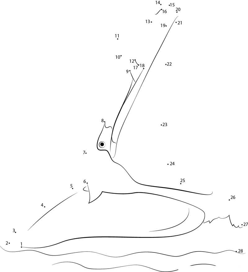 Brown Pelican Bird Eating Fish printable dot to dot worksheet