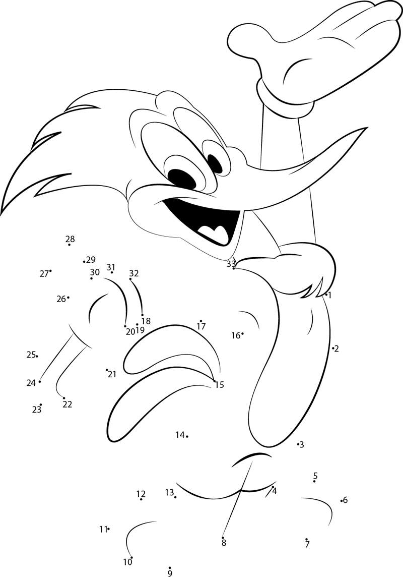 Happy Woody Woodpecker printable dot to dot worksheet