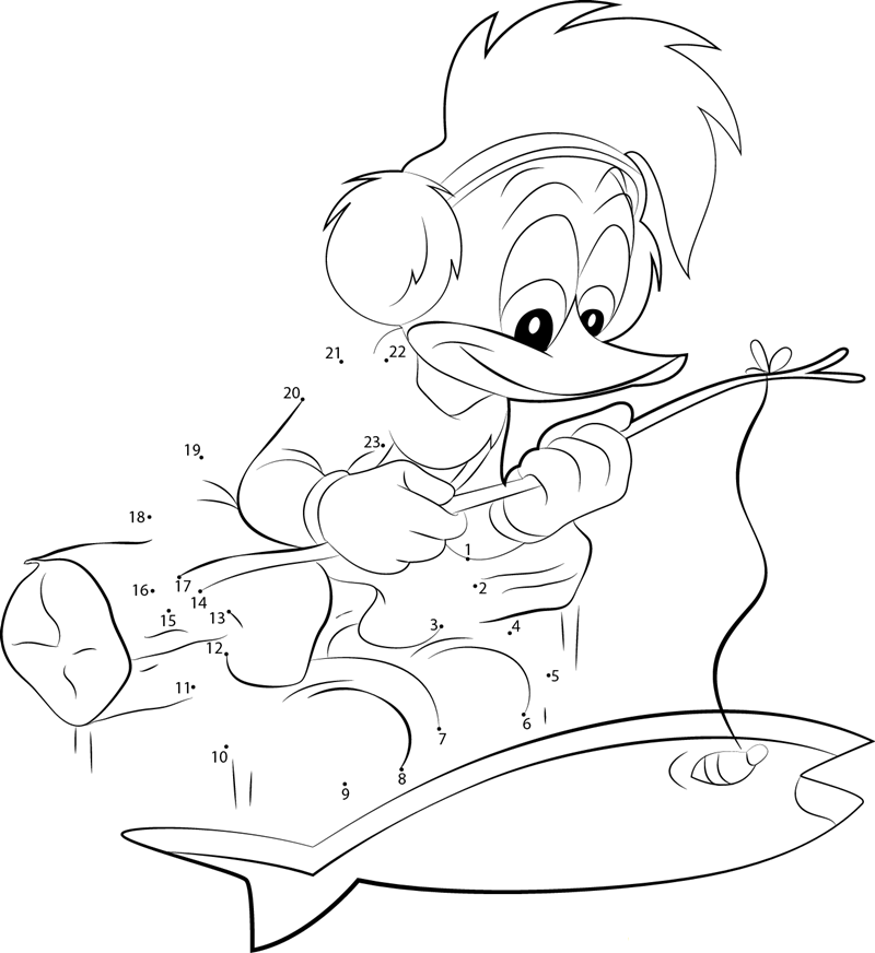 Woody Woodpecker Fishing printable dot to dot worksheet