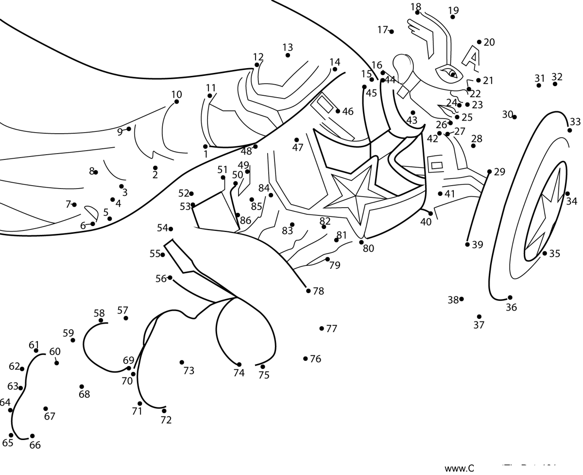 Captain-America-Flying-With-His-Shield printable dot to dot worksheet