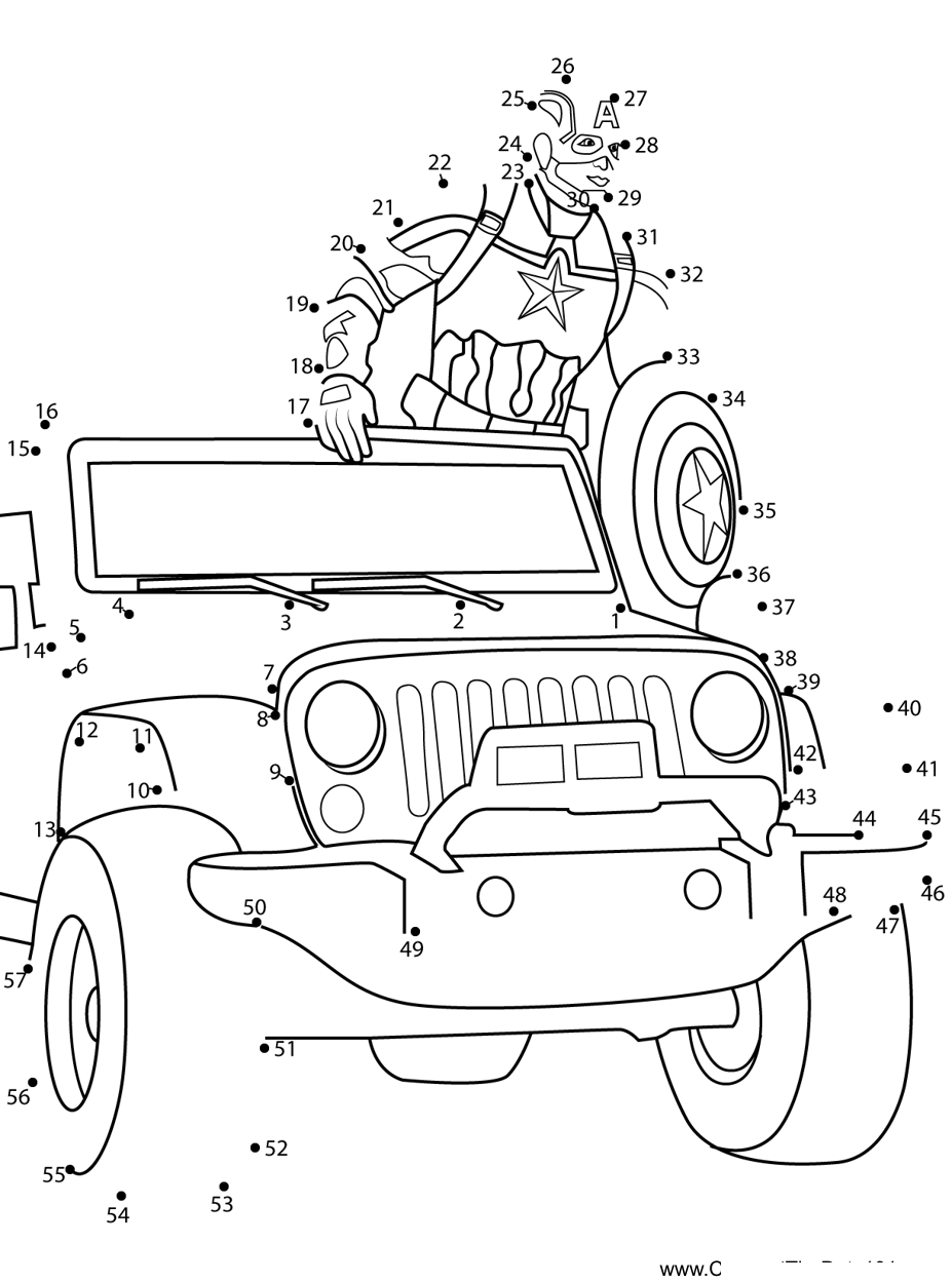 Captain-America-Standing-On-Jeep printable dot to dot worksheet