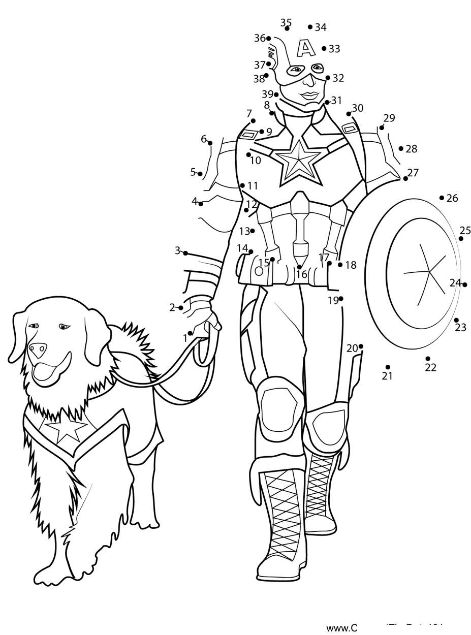 Captain-America-With-Pet printable dot to dot worksheet