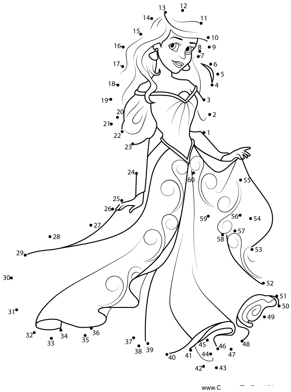 Ariel-Beautiful-Dress printable dot to dot worksheet