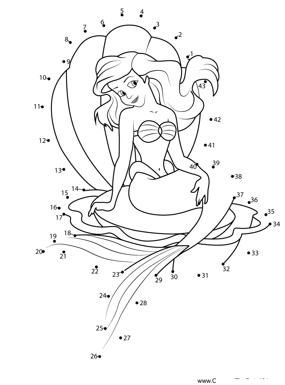 Ariel-Sitting-Seashell-With-Birthday-Cake printable dot to dot worksheet