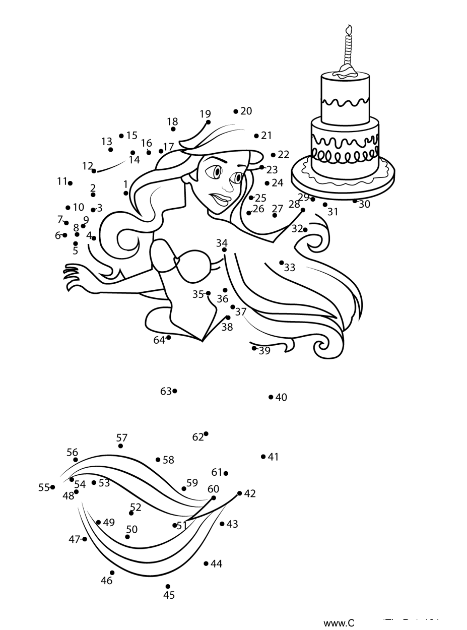 Ariel-With-Yummy-Cake printable dot to dot worksheet